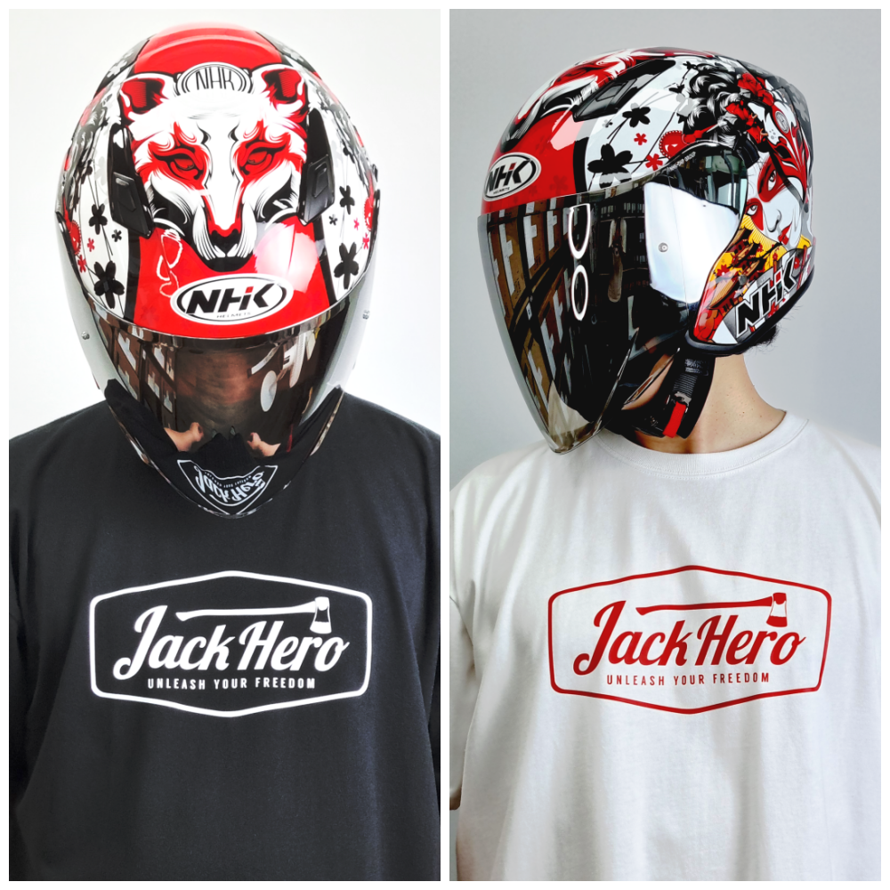 JACK HERO 티셔츠와 헬멧으로 라이더 스타일을 표현한 모습
